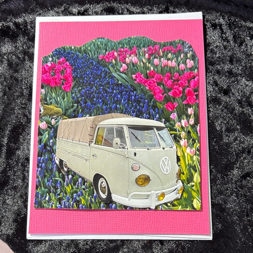 Volkswagen Greeting Card with Pink and Blue Floral Design